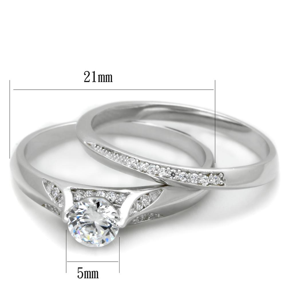 Silver ring with diamond and measurement details on a white background