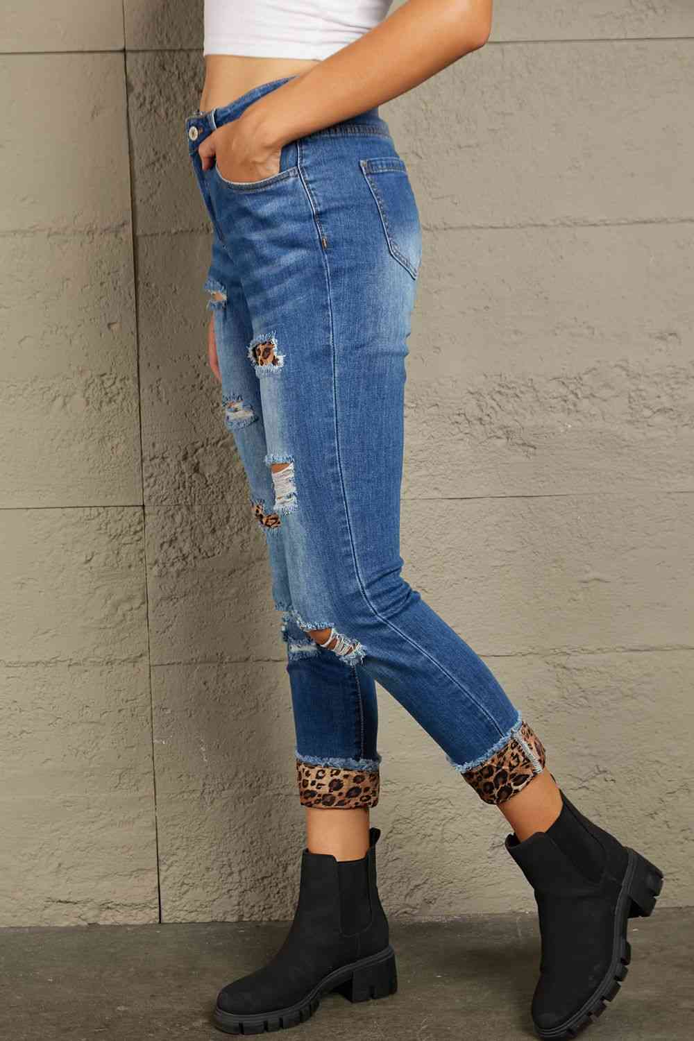 Baeful Leopard Patch Distressed Cropped Jeans