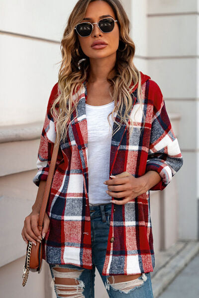 Button Up Plaid Hooded Jacket