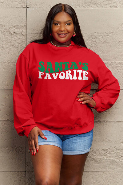 Simply Love Full Size SANTA'S FAVORITE Round Neck Sweatshirt