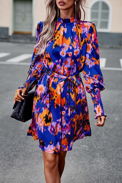 Printed Tie Waist Mock Neck Lantern Sleeve Dress