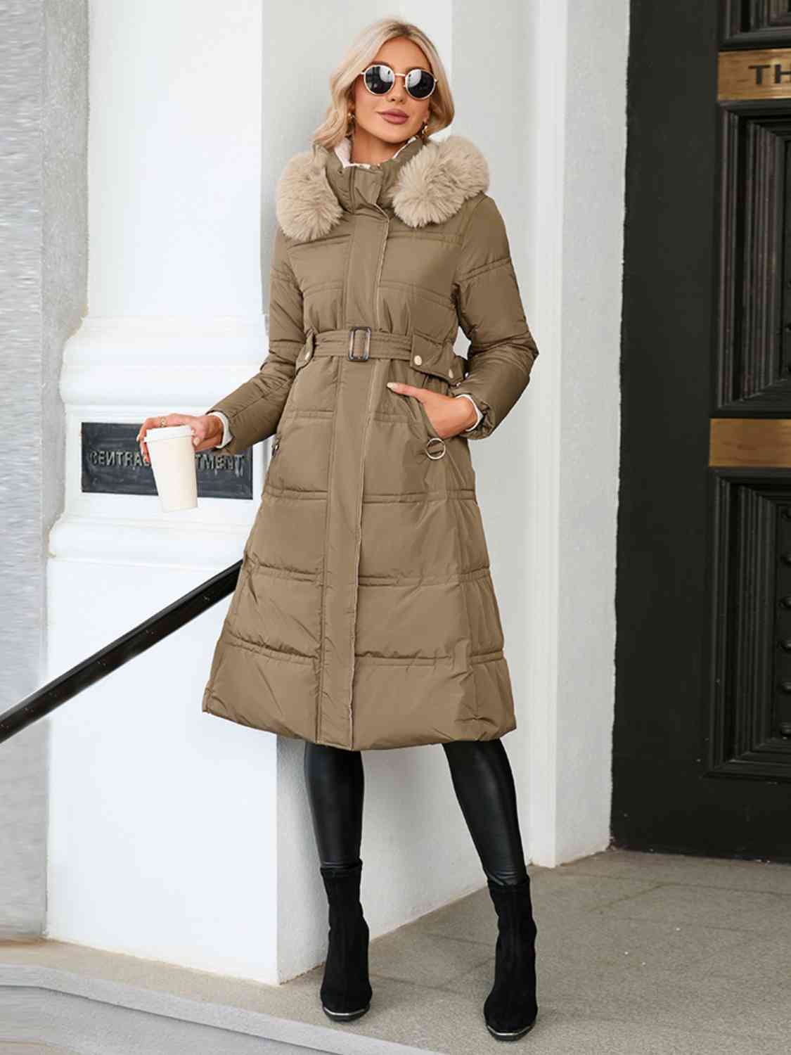 Longline Hooded Winter Coat with Pockets