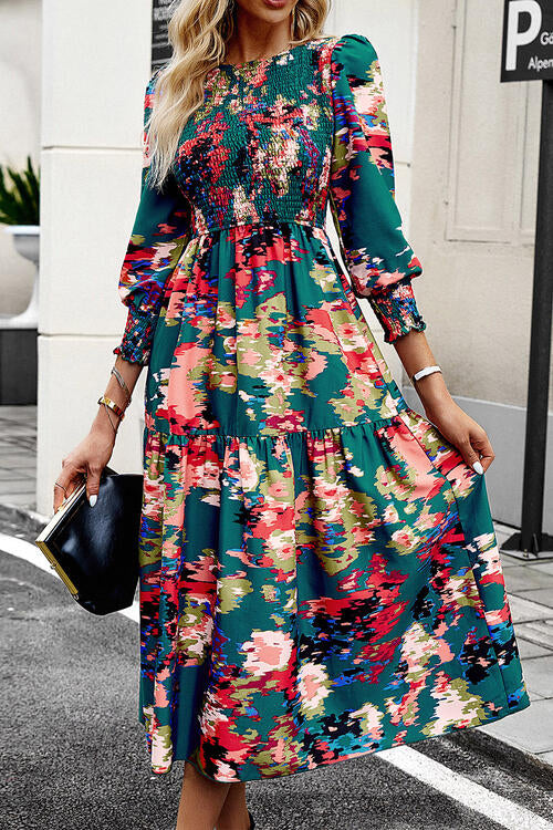 Printed Smocked Lantern Sleeve Ruffled Dress