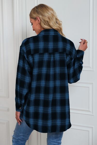 Plaid Button Up Dropped Shoulder Outerwear