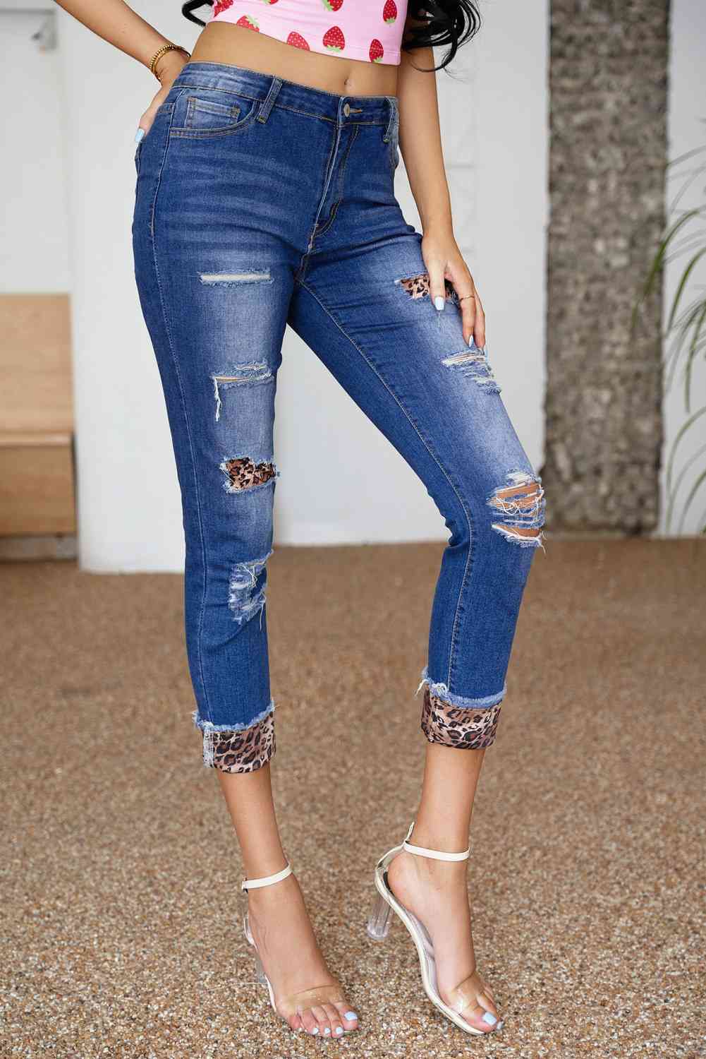 Baeful Leopard Patch Distressed Cropped Jeans