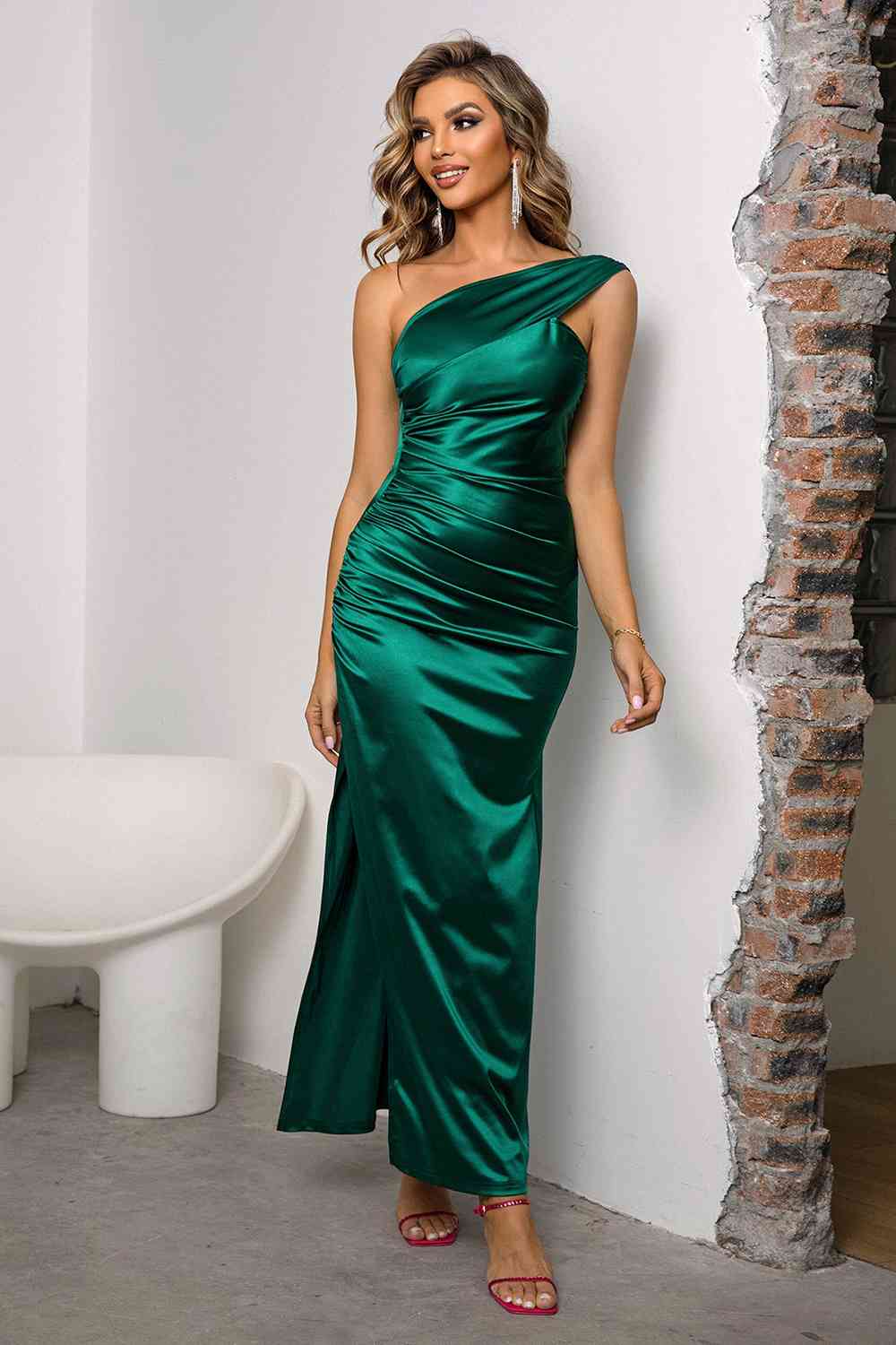 One Shoulder Ruched Slit Maxi Dress