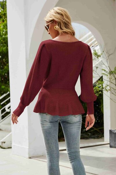 （No）Ribbed Round Neck Lantern Sleeve Sweater