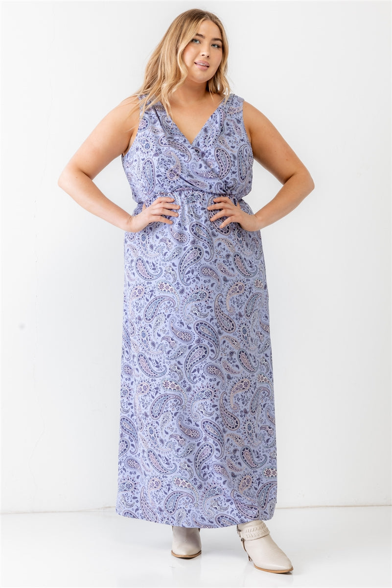 Plus Lavender Paisley Wrap V-neck Sleeveless Midi Dress