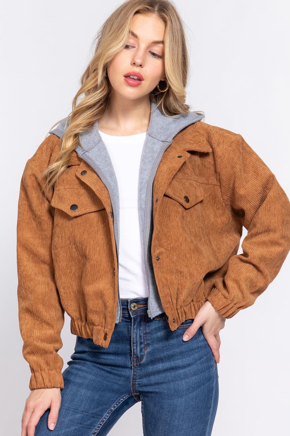 Long Slv Hoodie Corduroy Jacket