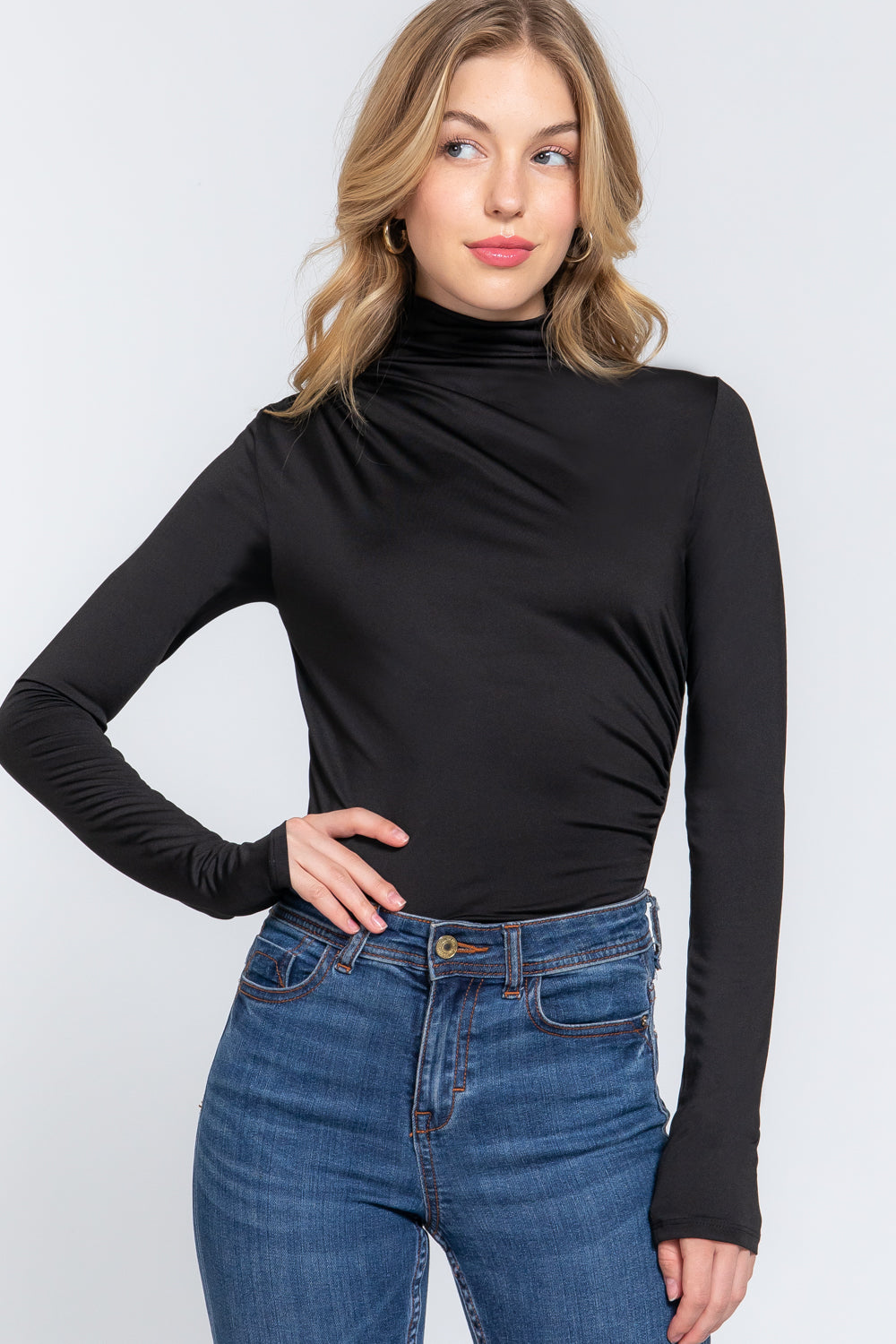 Long Sleeve High Neck Shirring Detail Ity Knit Bodysuit