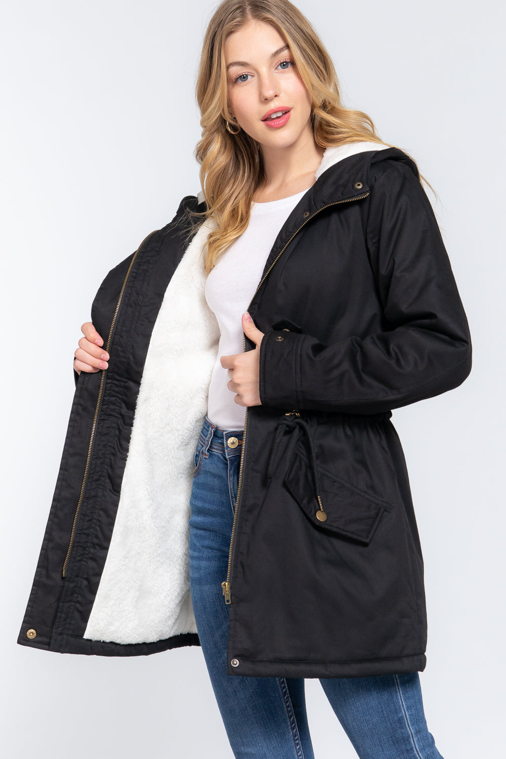 Fleece Lined Fur Hoodie Utility Jacket