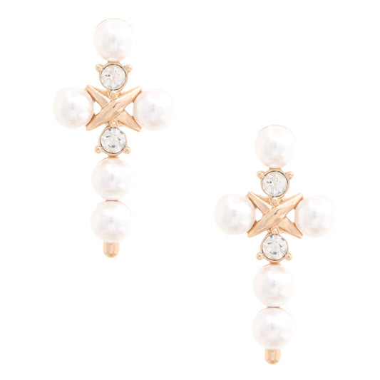 Pearl Bead Cross Dangle Earring