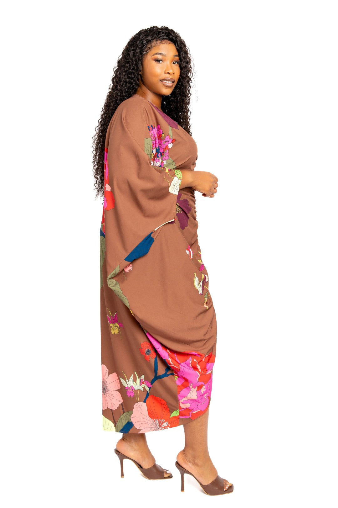 Printed Ruched Kaftan Dress With Inside Waist Tie