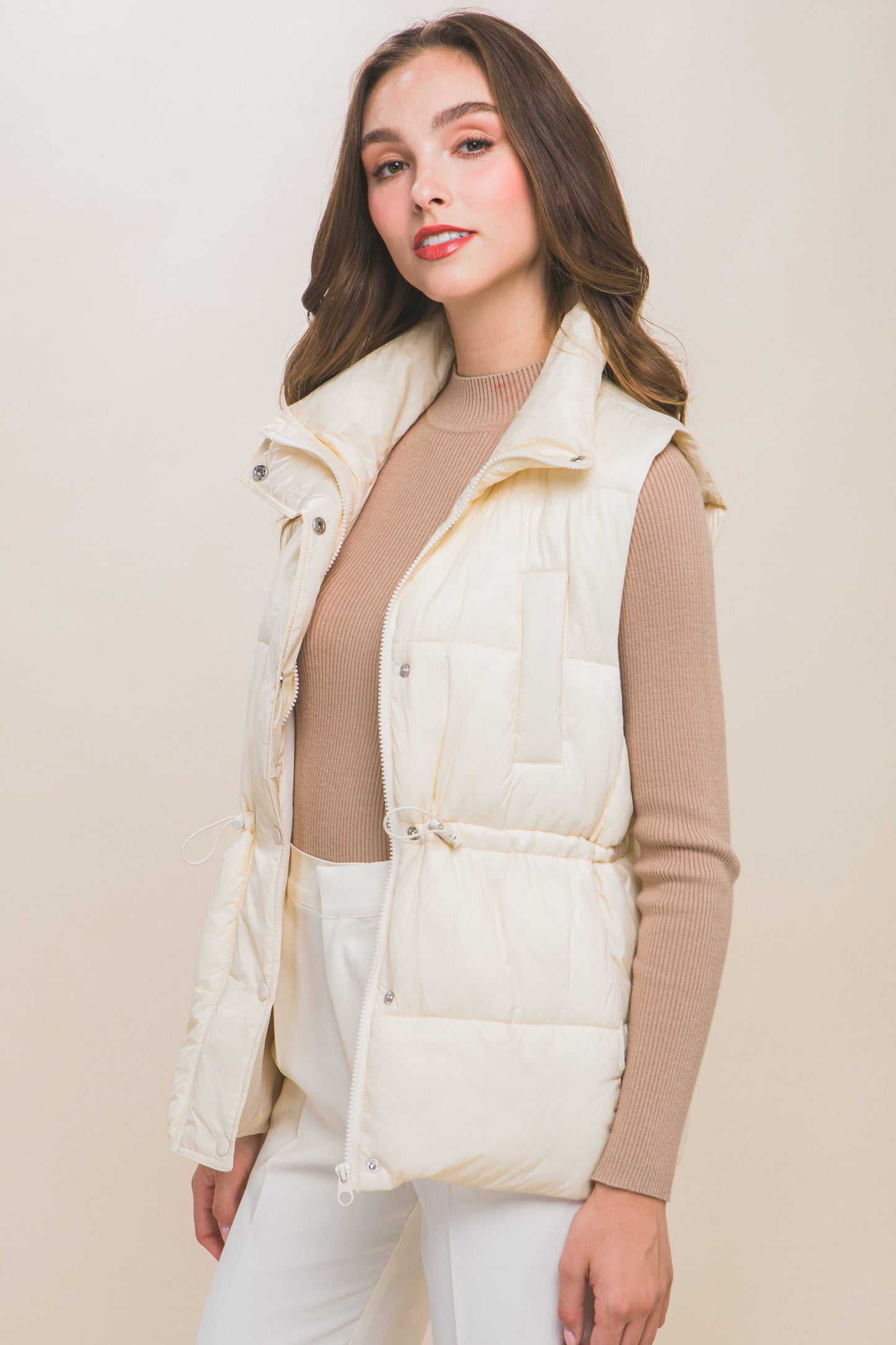 Zip Up Button Puffer Vest With Waist Toggles