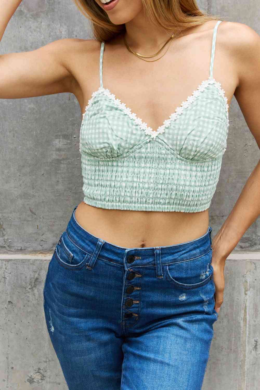 Leto Gingham Daisy Trim Smocked Bustier