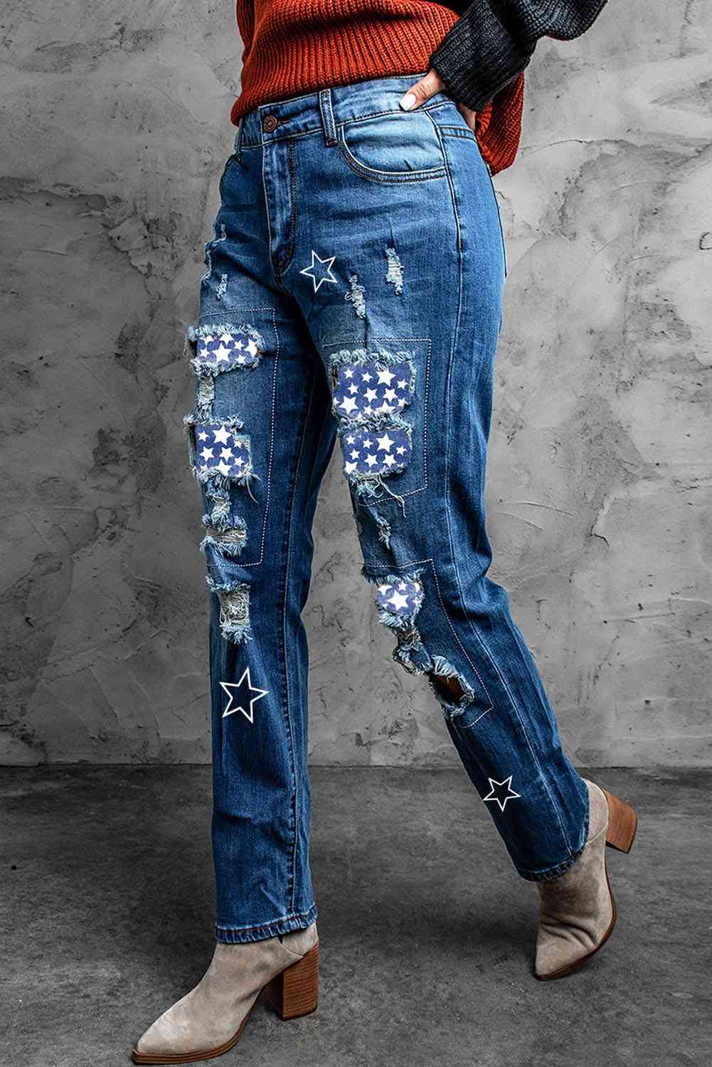 Baeful Printed Patch Distressed Boyfriend Jeans