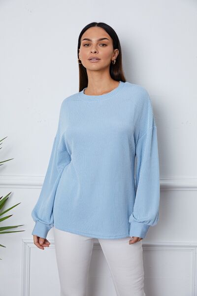 Ribbed Round Neck Long Sleeve Sweatshirt