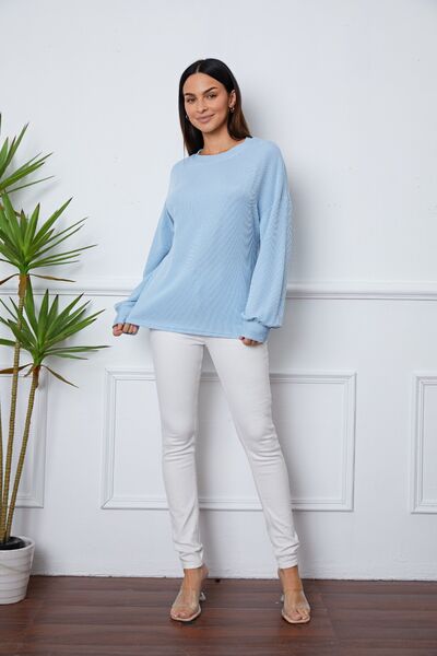 Ribbed Round Neck Long Sleeve Sweatshirt