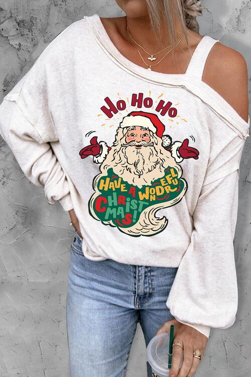 Santa Claus Graphic Asymmetrical Neck Long Sleeve Top