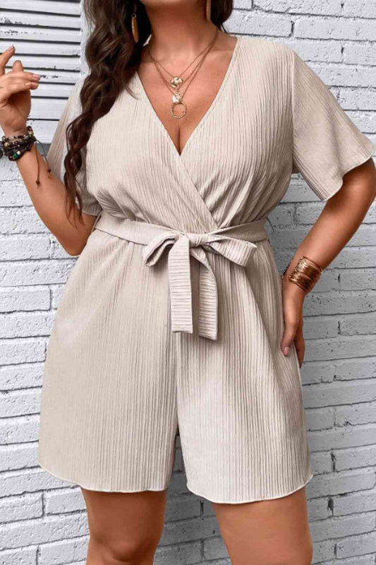 Plus Size Tie Waist Surplice Neck Romper