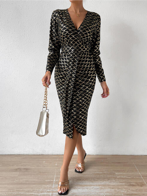 Printed Surplice Long Sleeve Slit Dress