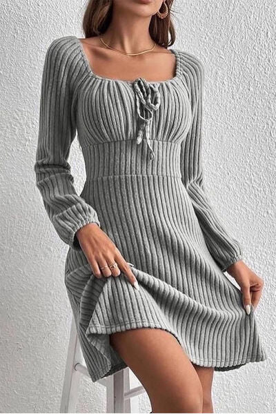 Ribbed Tied Square Neck Long Sleeve Mini Dress