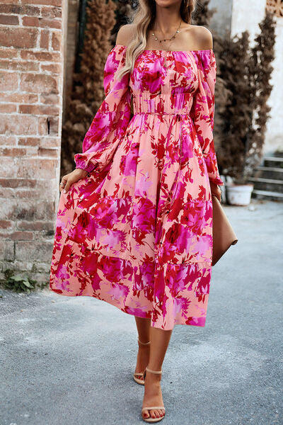 Printed Balloon Sleeve Pocketed Midi Dress