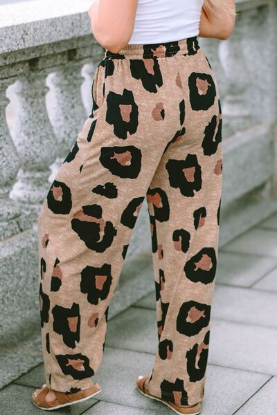 Leopard Drawstring Wide Leg Pants with Pockets