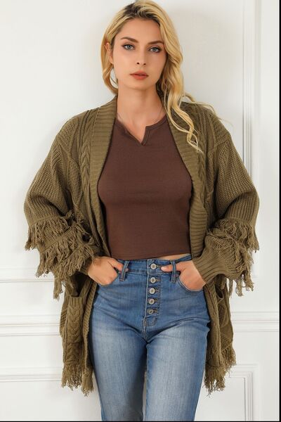 Cable-Knit Fringe Pocketed Cardigan