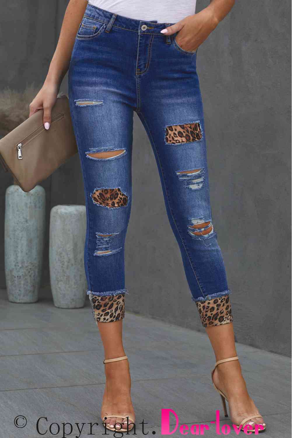 Baeful Leopard Patch Distressed Cropped Jeans